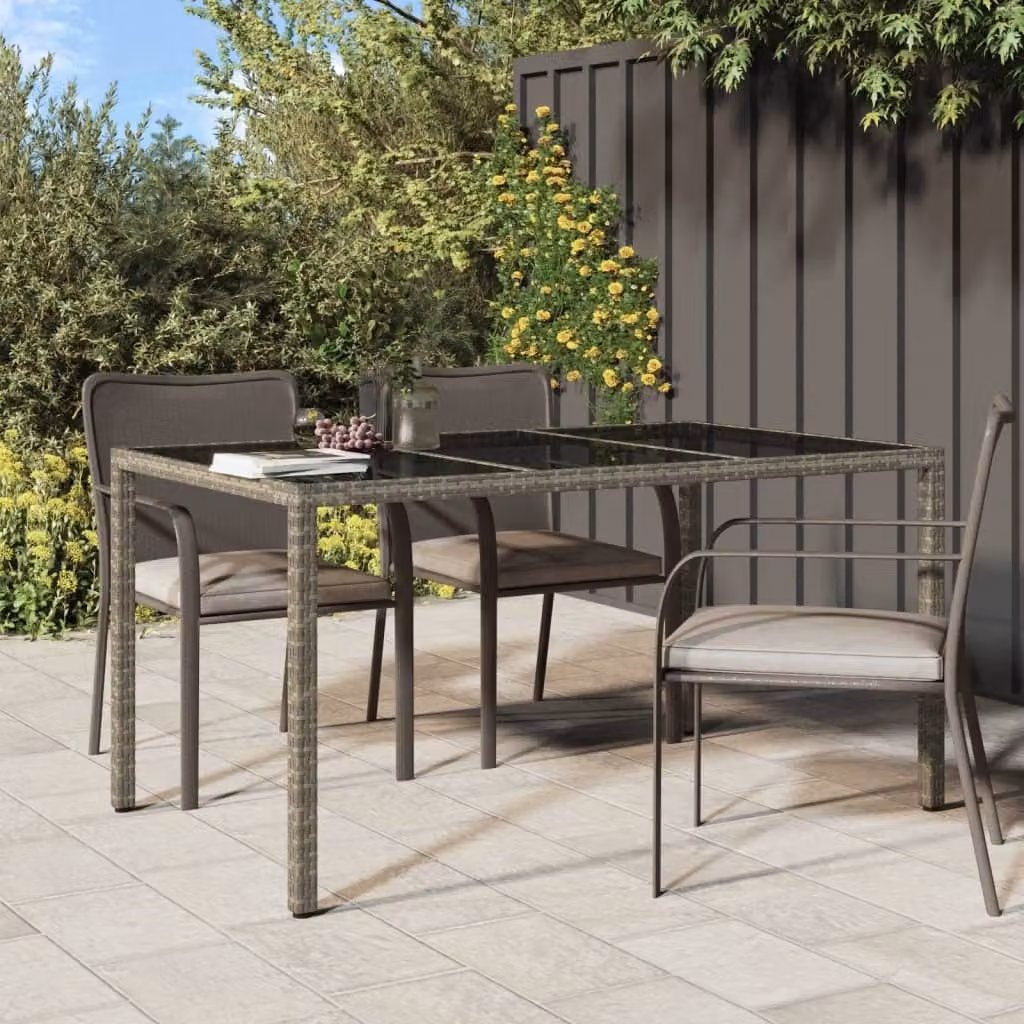 The Living Store tavolo da giardino 150x90x75 cm in vetro temperato e poly rattan grigio