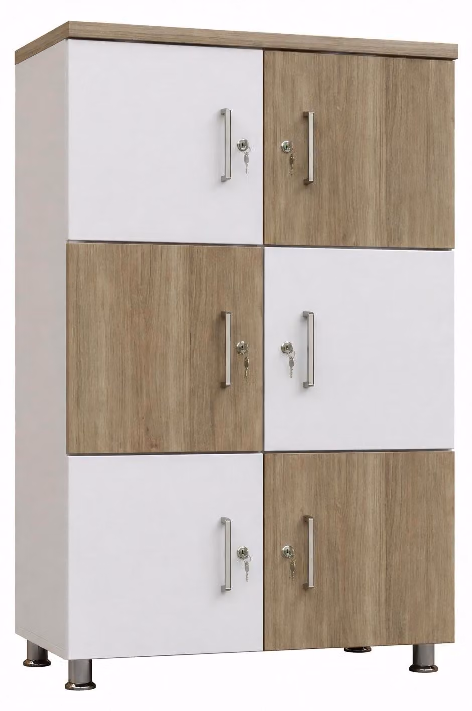 Armadio dal design moderno con elementi in legno e bianchi per gli ambienti