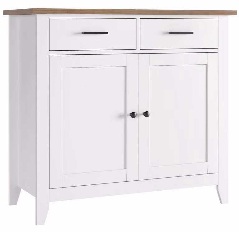 Mobiletto da cucina, credenza con piano di lavoro, 2 cassetti, 2 ante, stile rustico, bianco