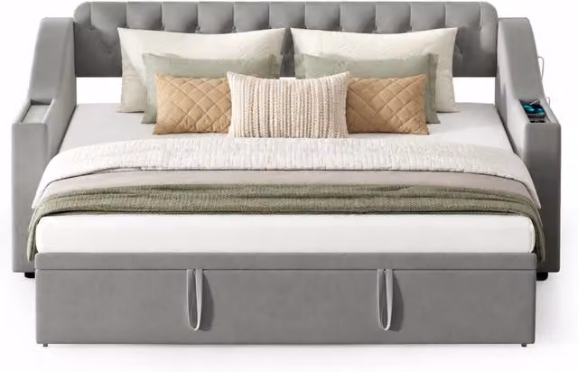 Divano letto estraibile 90x190/180x190 cm con USB e USB-C; vani portaoggetti; velluto grigio