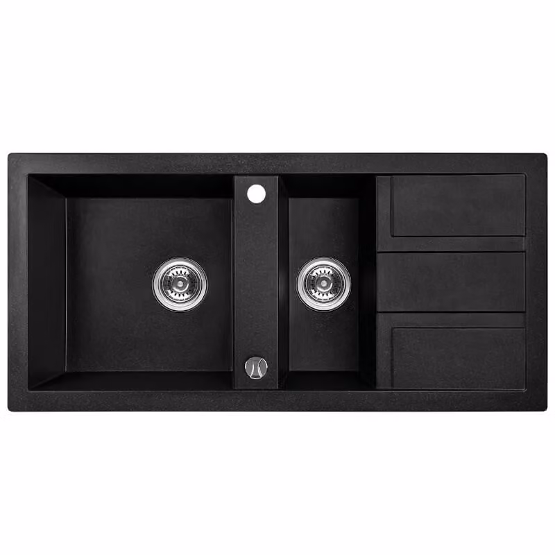 Lavello di design in granito a 1,5 vasche con scolapiatti nero
