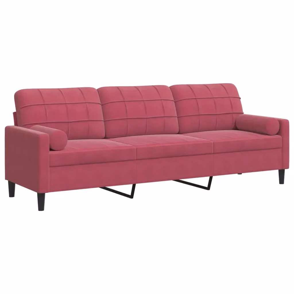 Divano a 3 posti moderno vidaXL in velluto rosso con cuscini e coperture rimovibili L: 226 cm, P: 80 cm, H: 77 cm – 2