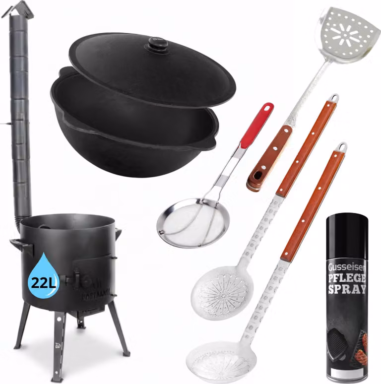 Utschak Ø49 cm Tubo di scarico 22L Kazan Camino Utschag Stufa da campeggio Coperchio in alluminio Kasan Focolare Cucina da campo Cucina da esterno Stufa per stufato Gulaschkanone