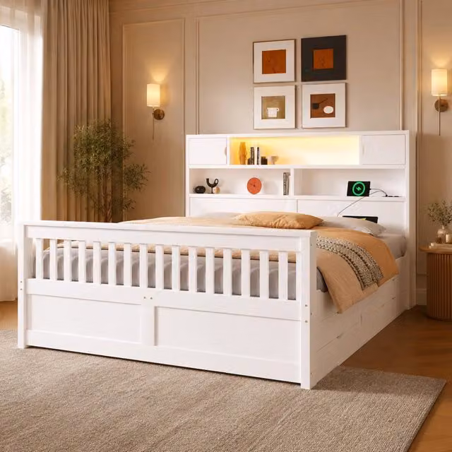 Letto a piattaforma 160x200 cm con testiera a libreria; LED e 4 cassetti; bianco
