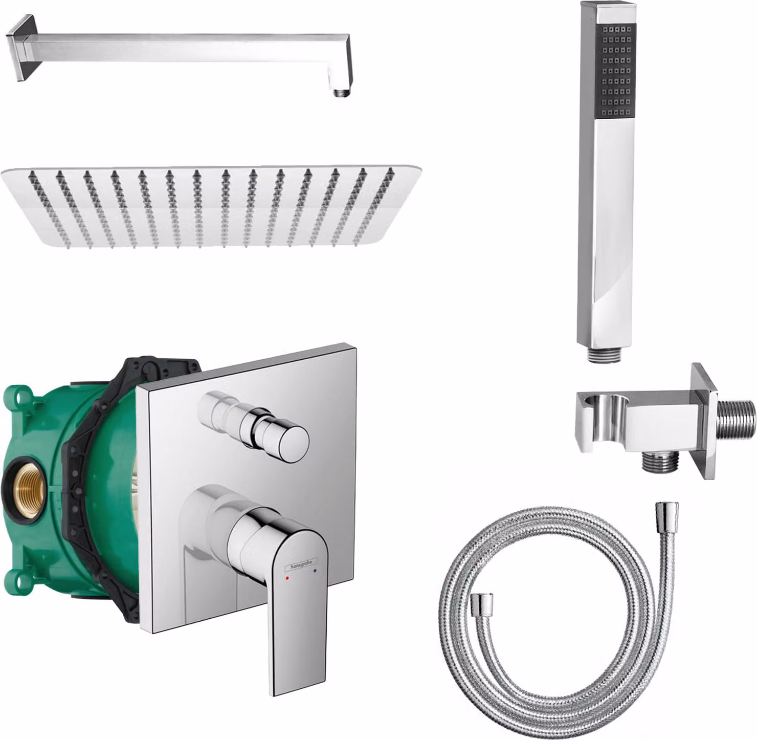 Miscelatore da incasso per vasca Hansgrohe iBox, con doccia a pioggia Belvit, doccetta e flessibile - set di miscelatori per doccia adatto a tutti i miscelatori per vasca e doccia
