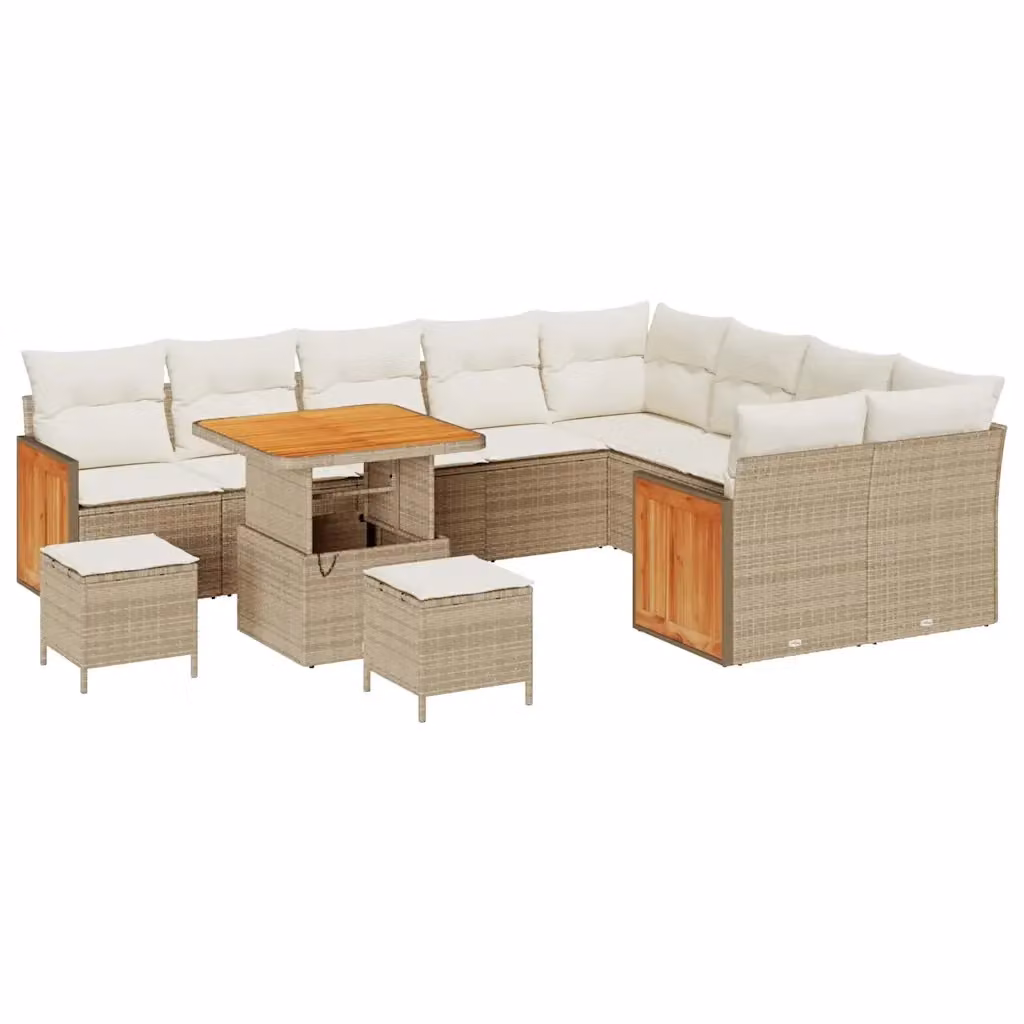 Set Divano da Giardino vidaXL a Forma di L in Polyrattan con 13 Pezzi, Colore Beige, Include Tavolino, Ottoman e Cuscini – 2