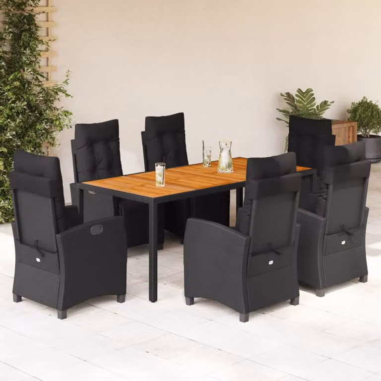 vidaXL Set da Pranzo da Giardino 7 pz in Polyrattan e Legno di Acacia Nero con Cuscini