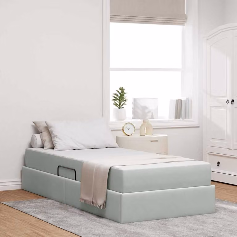 vidaXL Letto con contenitore e materasso ibrido in tessuto grigio L: 100 cm, H: 204 cm, P: 200 cm