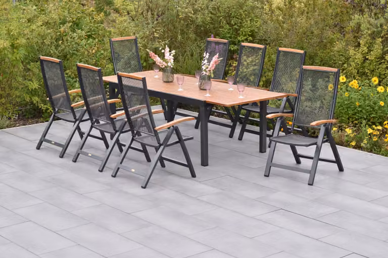 Set di mobili da giardino Merxx Tilos, 9 pezzi, 8 sedie pieghevoli, tavolo allungabile 180 (250) x 100 cm – Alluminio/Acacia