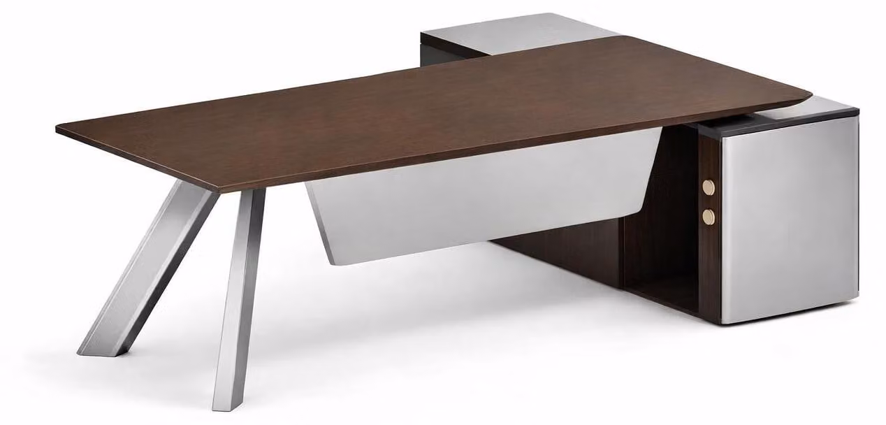 Scrivania moderna in legno e metallo, dal design minimalista