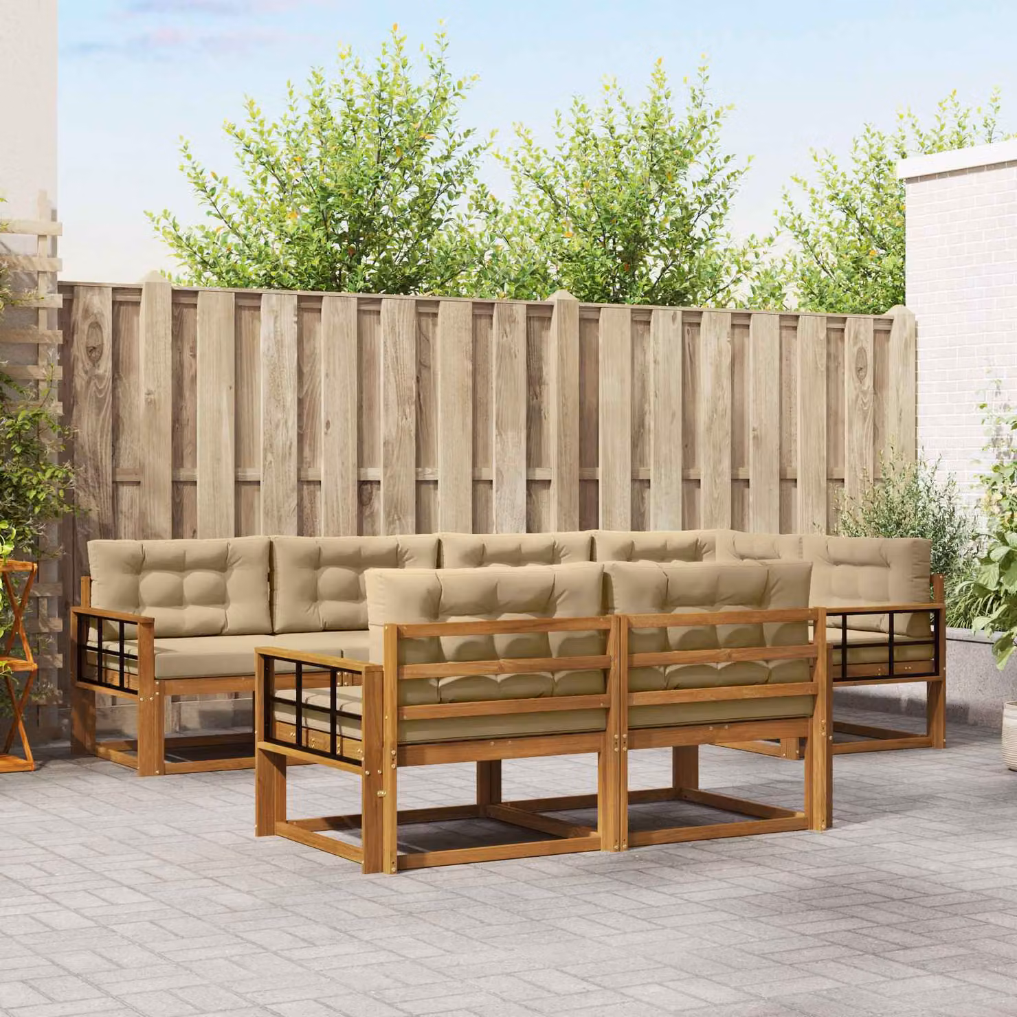 vidaXL Set di divani da esterno a forma di U in legno di acacia con cuscini, Beige e Marrone