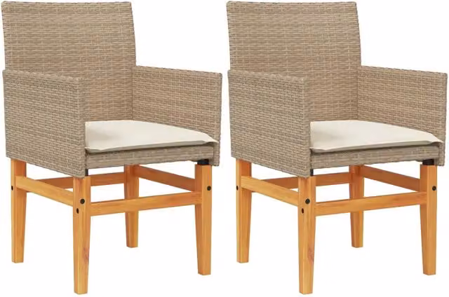 Set di 2 sedie da giardino in polyrattan e legno di acacia con cuscini beige e braccioli