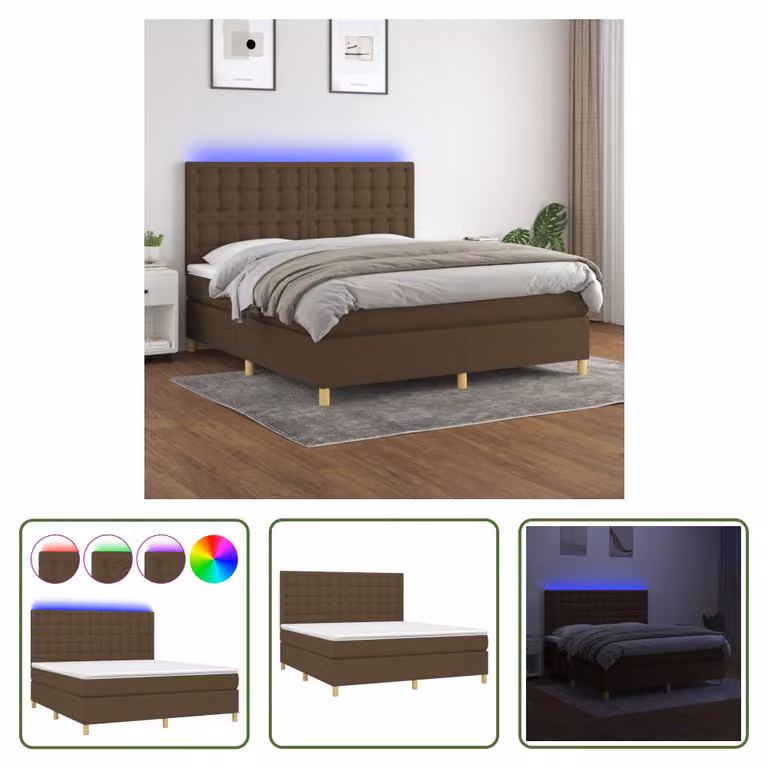 The Living Store Letto a molle con materasso e LED in tessuto marrone scuro 160x200 cm