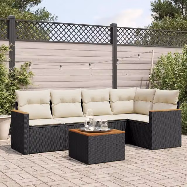 Set Divano da Giardino a L vidaXL in Polyrattan Nero con Cuscini e Tavolino da Esterno – 1