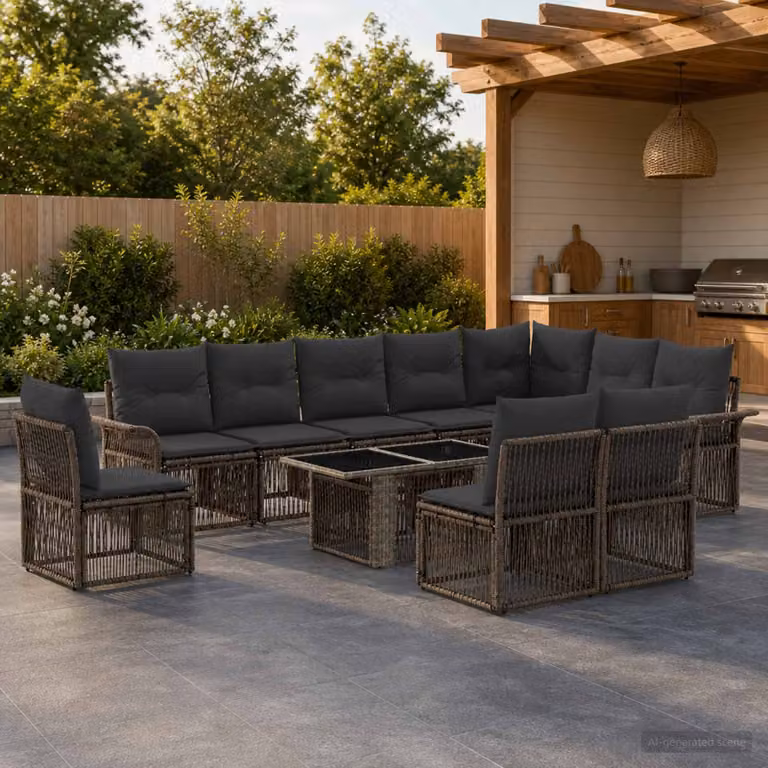 Set Divano da Giardino vidaXL 11 pz in Polyrattan Grigio con Cuscini e Tavolino da Esterno