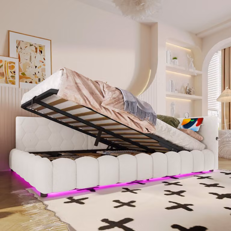 Letto a giorno 140 x 200 cm con spazio contenitore a sollevamento idraulico, striscia LED, porte USB e di tipo C, rete a doghe, rivestimento in tessuto simile al velluto, senza materasso