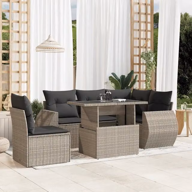 Set Divano da Giardino 6 Pezzi vidaXL con Cuscini Antracite e Tavolino in Vetro – 1