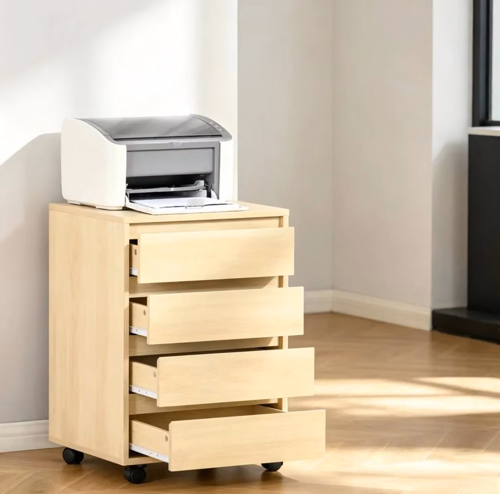 Cassettiera da ufficio MODFU con 4 cassetti e ruote in MDF effetto legno naturale, L 46 cm x P 40 cm x H 65 cm – 2