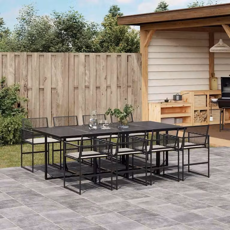 Set da pranzo da giardino vidaXL in polyrattan nero con cuscini bianchi e tavolo in vetro per 9 persone