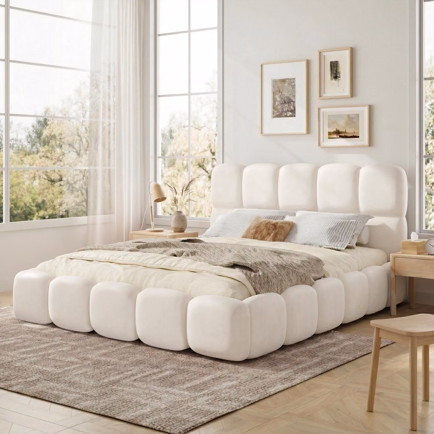 Letto imbottito Flieks 180x200 cm con testiera imbottita, letto matrimoniale per ragazzi con rete a doghe, letto classico in legno Bouclé, bianco
