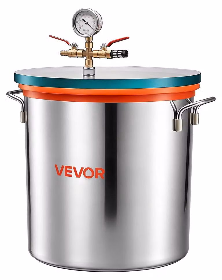 34.1 Camera a vuoto, in acciaio inossidabile, con coperchio in vetro temperato, tubo flessibile, filtro dell'aria. Ideale per la colata di resine, la stabilizzazione del legno, la degasazione di siliconi, resine e oli essenziali
