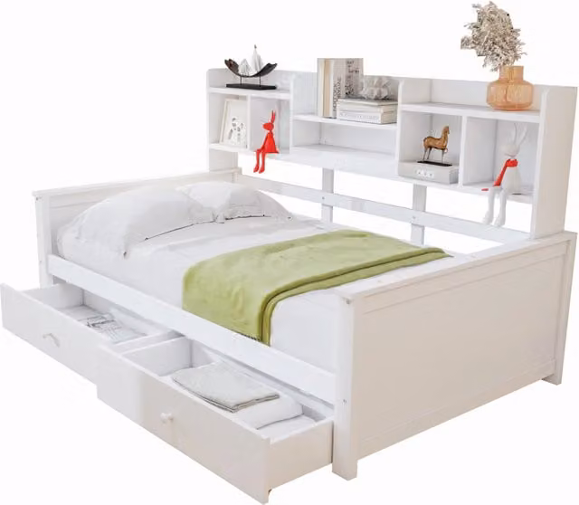 Letto singolo per bambini 90x200 bianco con 2 cassetti e ripiani， senza materasso
