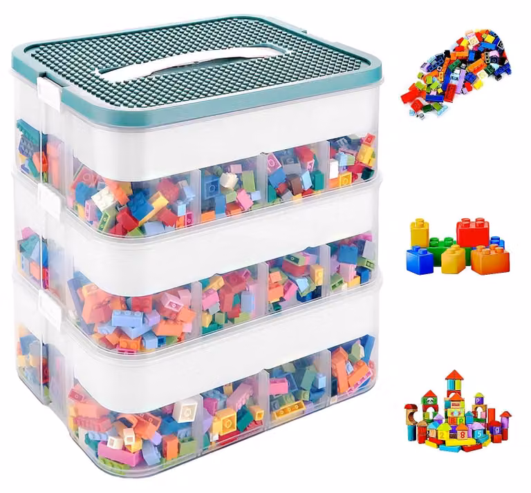 Omgoods - Contenitore con coperchio, 30,5 x 23 x 32,5 cm - Contenitore a 3 scomparti per l'organizzazione di giocattoli e puzzle