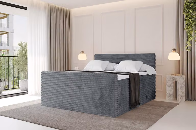 Letto boxspring ALTDECOR con pediera - TOLO-v1-Z KING 180x200 in velluto - Grigio scuro - Set completo con materassi H3 e H4 e topper, letto imbottito con cassetti, rete a doghe, letto con contenitore, letto matrimoniale, letto a cassettone
