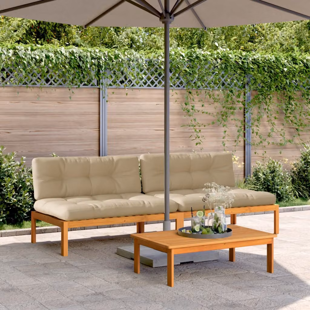 Set di 2 divani centrali da giardino vidaXL in legno massello di acacia oliato con cuscini beige e marroni