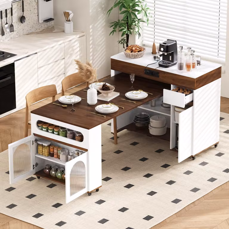 Isola da cucina okwish con tavolo da pranzo estendibile - Piano del tavolo allungabile con ruote - Credenza con tavolo pieghevole e presa di corrente, ideale per cucina e sala da pranzo, in MDF, colore bianco