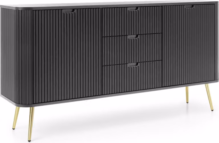Cassettiera: 3 cassetti, 2 ante, colore: nero, gambe dorate, 168 x 87 x 39cm
