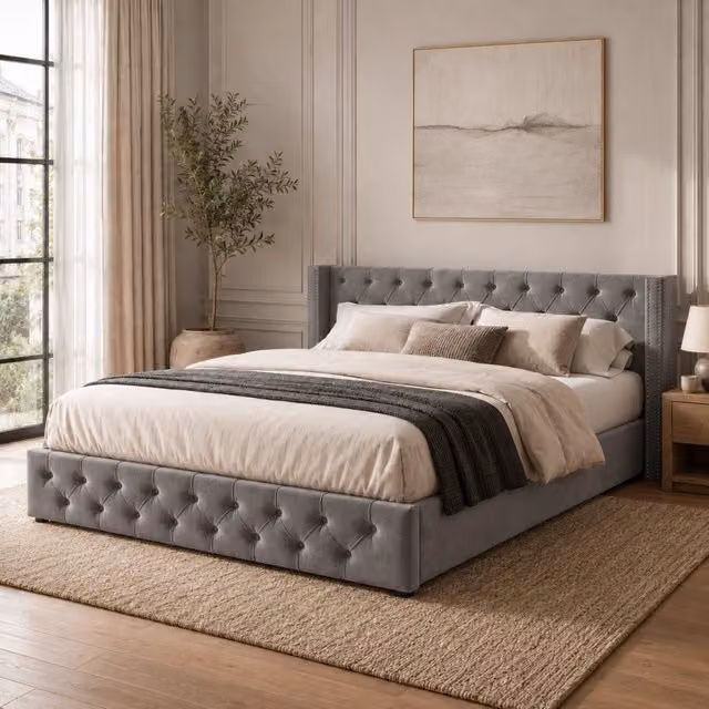 Letto imbottito 160x200 cm con contenitore; stile Chesterfield; velluto grigio (Senza materasso)