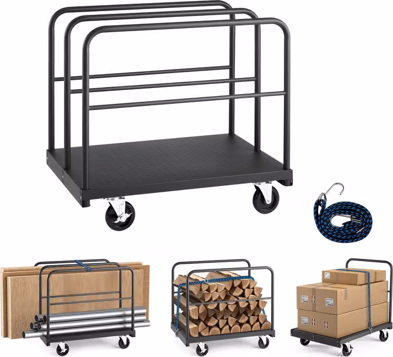 Carrello porta pannelli SucceBuy, portata 816 kg, carrello da trasporto 2 in 1 con ruote rotanti a 360°, carrello porta pannelli con 4 maniglie laterali, ausilio per il trasporto in officina, magazzino e garage, nero 914x610x858 mm