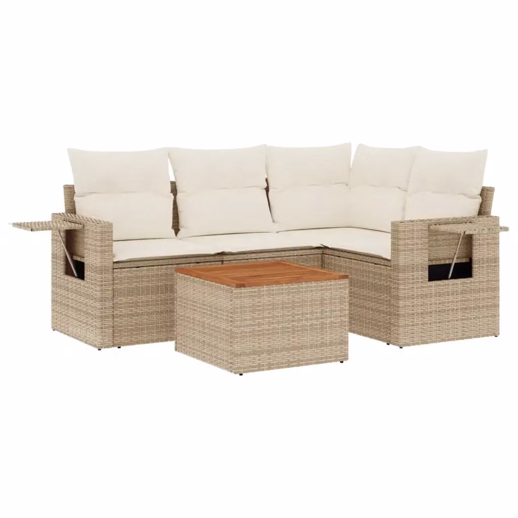 vidaXL Set Divano da Giardino 5 pz a Forma di L in Polyrattan con Cuscini Beige e Tavolino – 2