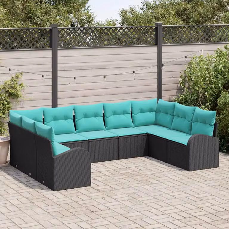 Set Divano da Giardino vidaXL 9 pz a forma di U in Polyrattan con Cuscini Nero e Turchese