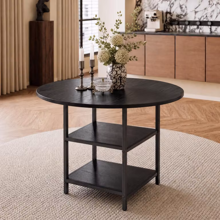 Tavolo rotondo da pranzo, diametro 107 cm, con spazio di stoccaggio integrato, realizzato in MDF e con struttura in metallo, adatto per 2-4 persone (colore: nero)