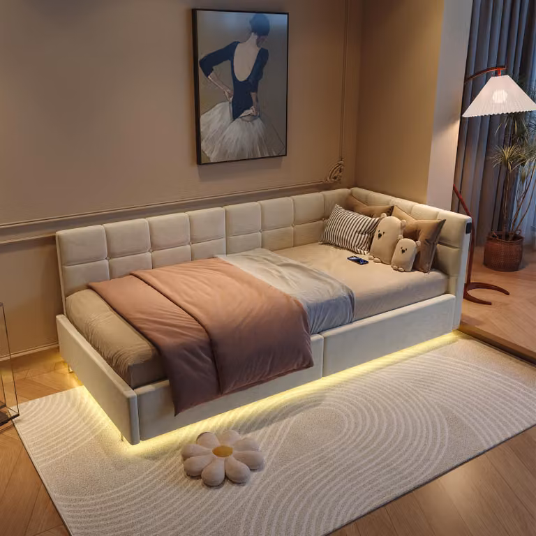 Letto singolo ProximaX 90x200 cm con vano portaoggetti e illuminazione a LED, letto imbottito in velluto con sistema di sollevamento idraulico, porte di ricarica USB e Type-C