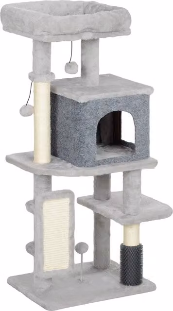 Albero per gatti multilivello PawHut con casetta, lettino, pali in sisal e giochi, Altezza: 104 cm, Grigio