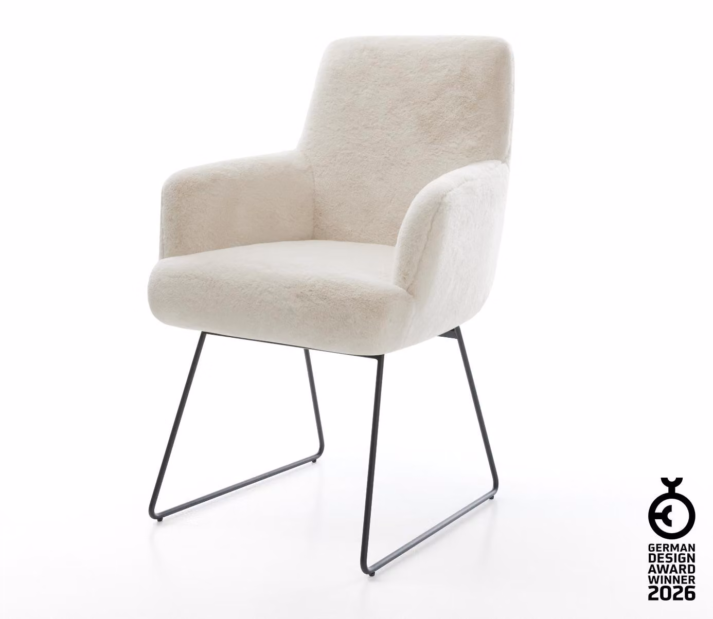 DELIFE sedia da pranzo Heira-Flex con braccioli in peluche bianco panna a slitta con anima in molle tascabili nere