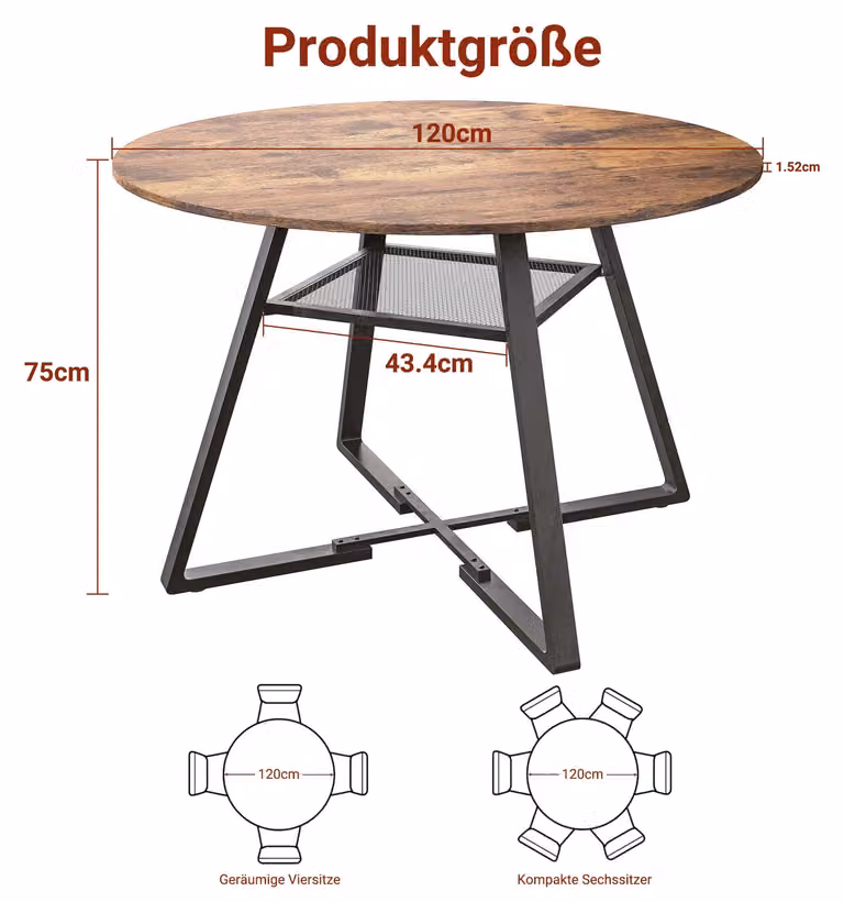 Tavolo da pranzo rotondo con ripiano – 120 × 120 × 75 cm – Per 6 persone – Realizzato in metallo e pannelli di legno. Colore: nero