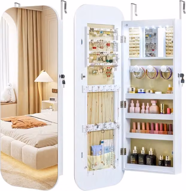 Armadietto porta gioielli Design Mania con specchio a figura intera e illuminazione LED, Bianco