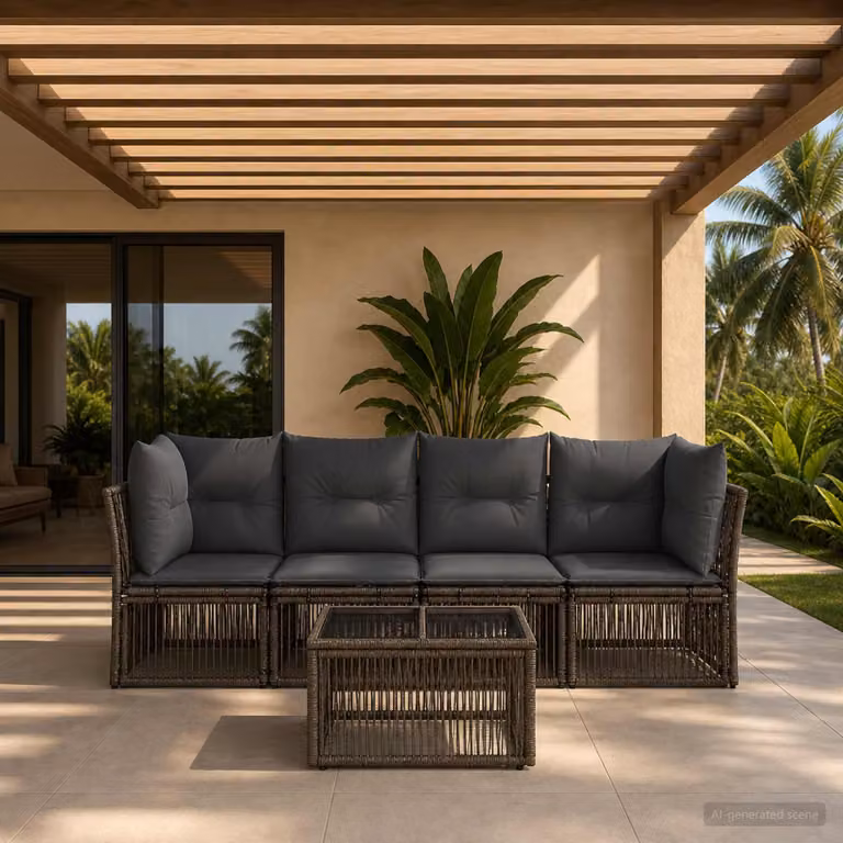 Set Divano da Giardino vidaXL 5 Pezzi a Forma di L Grigio con Tavolino e Cuscini Imbottiti