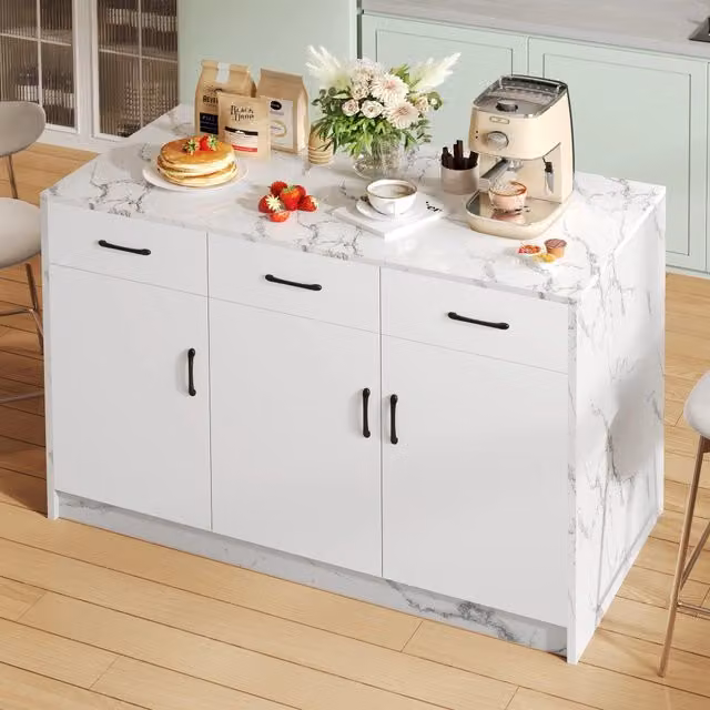 Isola da cucina con 3 cassetti, 3 ante e ripiani regolabili, piano effetto marmo bianco, 120 × 60 × 90.5 cm