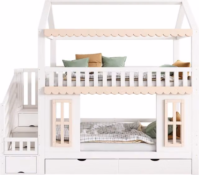 Letto a castello per bambini 90x200 cm a forma di casetta; scala contenitore e 2 cassetti; pino e MDF; bianco e naturale