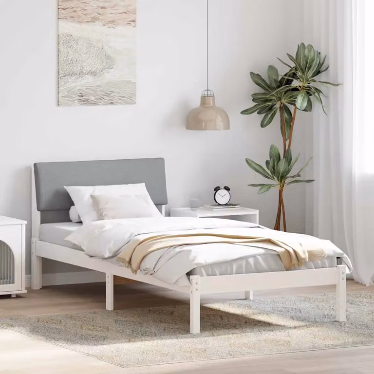Struttura del letto moderna vidaXL in legno di pino e tessuto, bianco e grigio, 90 x 200 cm