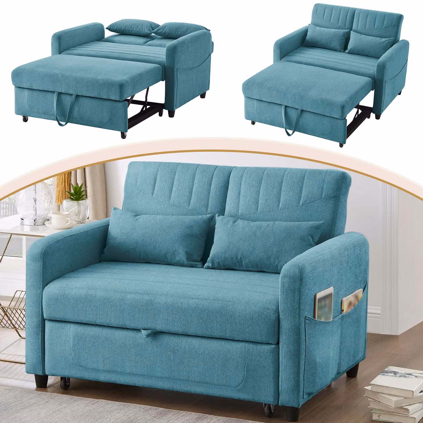 Divano letto ZR Home moderno a due posti con funzione trasformabile e poggiatesta regolabile, rivestimento in tessuto, colore blu-verde, L: 114 cm, H: 82,5 cm, P: 77 cm – 2
