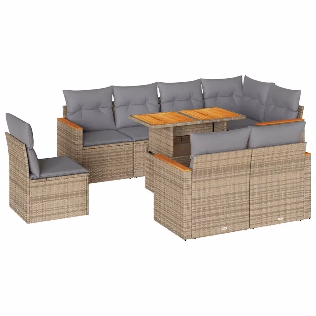 Set Divano da Giardino a L vidaXL in Polyrattan e Legno di Acacia con Cuscini Beige e Grigio, 9 Pezzi – 2