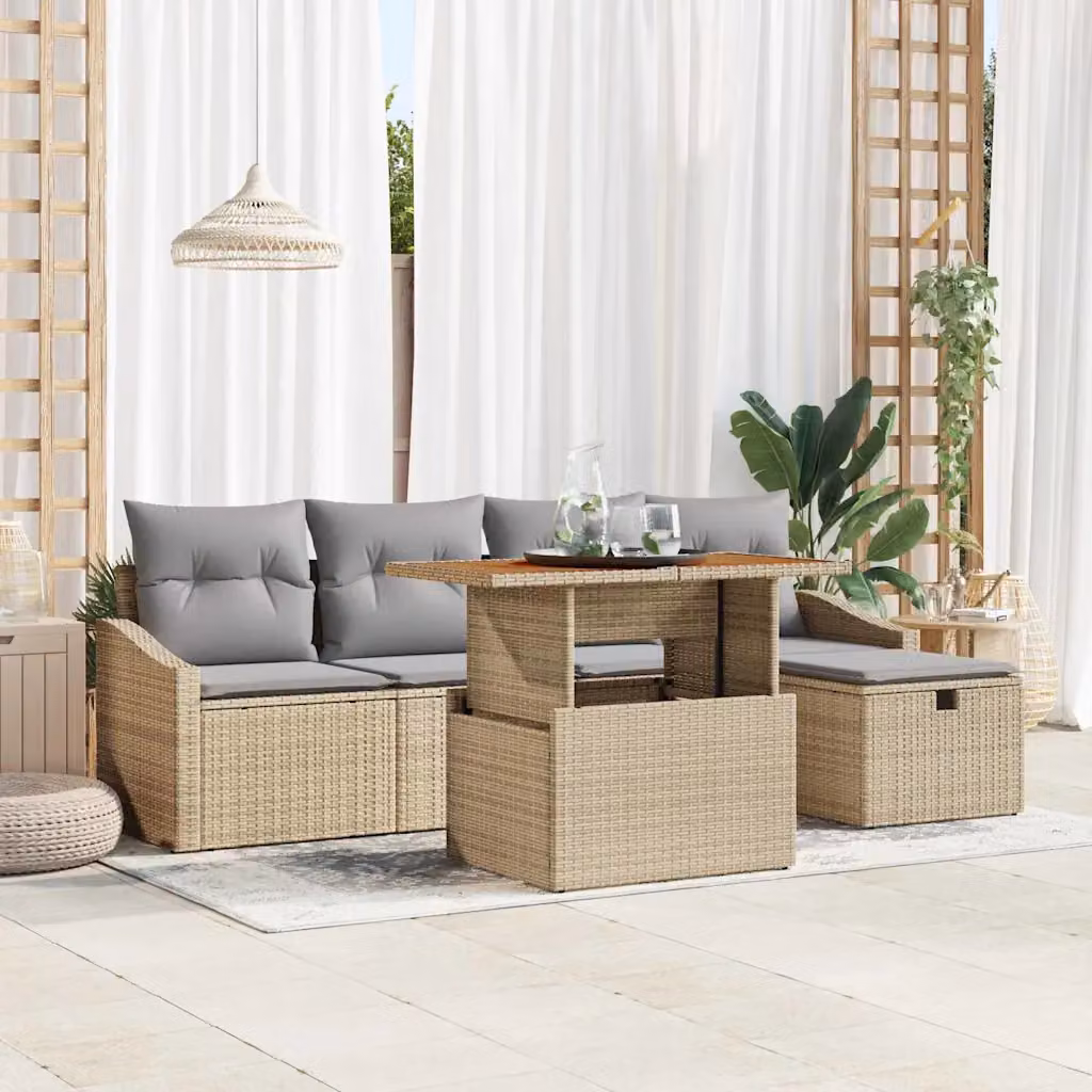 Set Divano da Giardino vidaXL 6 Pezzi in Polyrattan Beige con Cuscini e Tavolino per Esterno