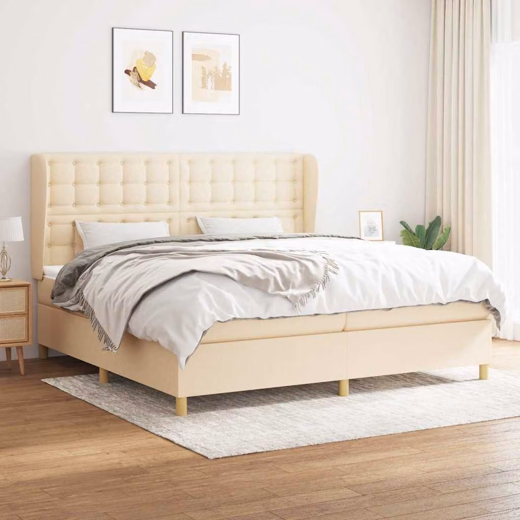 vidaXL Giroletto a Molle con Materasso Ibrido in Tessuto Beige e Bianco L/P/H: 200 x 200 x 128 cm