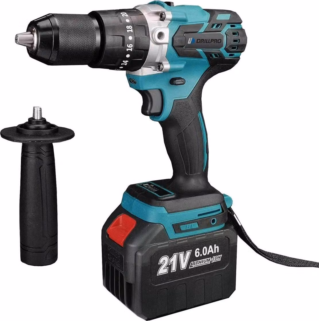 Trapano a percussione a batteria senza spazzole - 21 V - 120 Nm - 1800 giri/min - 13 mm - Con 2 batterie - Turchese